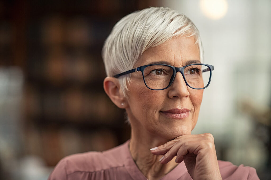 older lady with beautiful eyes and glasses